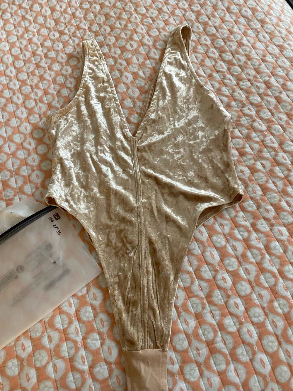Velvet Rhinestone Detail Beige Bodysuit - Picture 4 of 4